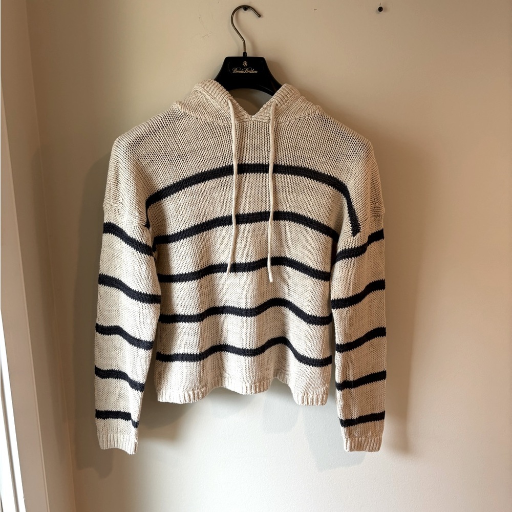 Garnett Hill  Cream and Navy Blue Striped Hoodie Sweater